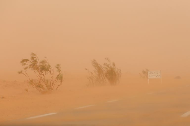 沙尘暴期间非洲公路的朦胧景象。＂class=