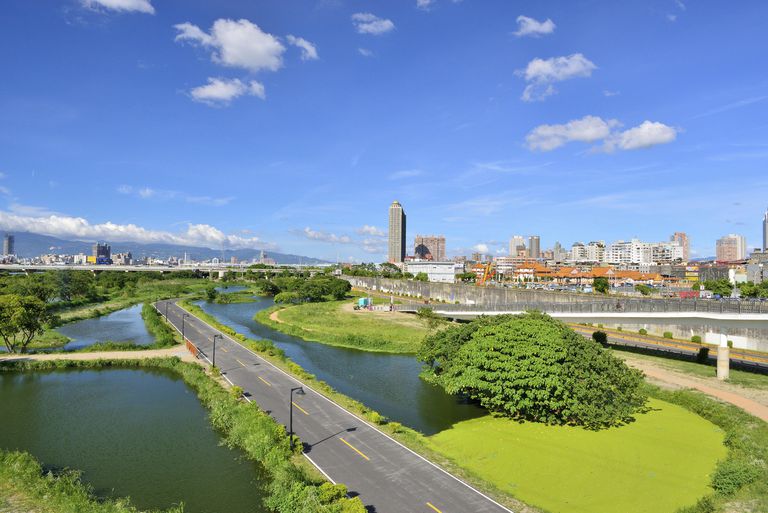 在城市地区建造的湿地鸟瞰图。