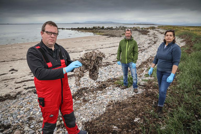 三名科学家在海滩上扔塑料垃圾